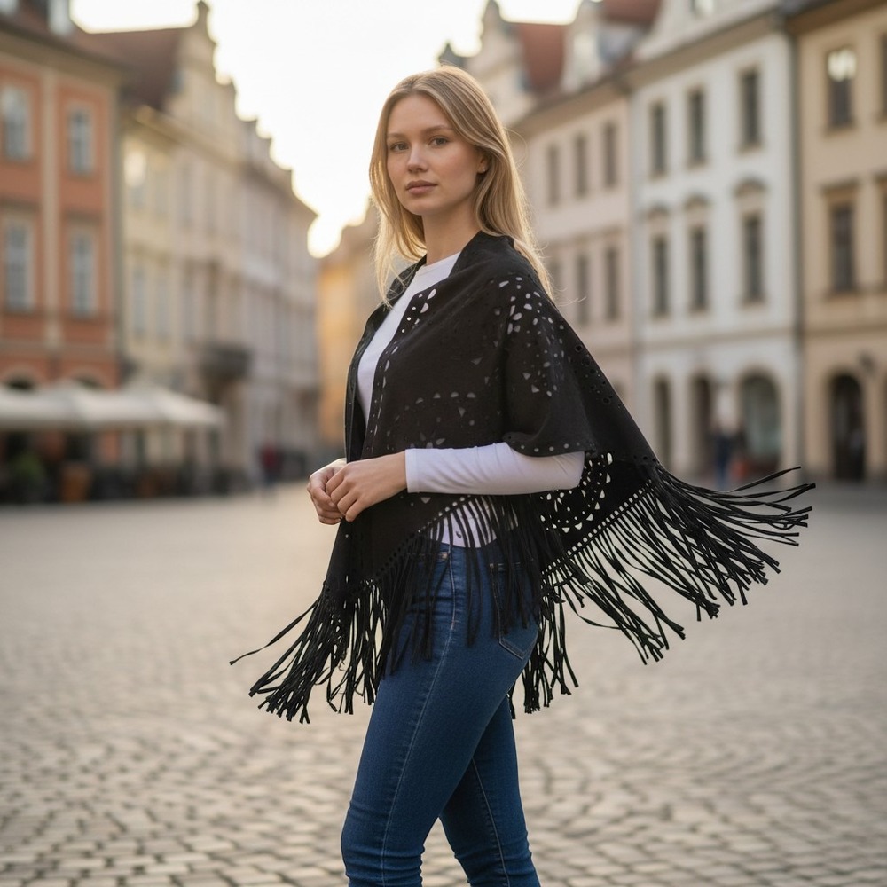Steve Madden Black Faux Suede Fringe Wrap Shawl Boho Western Cowgirl Concert